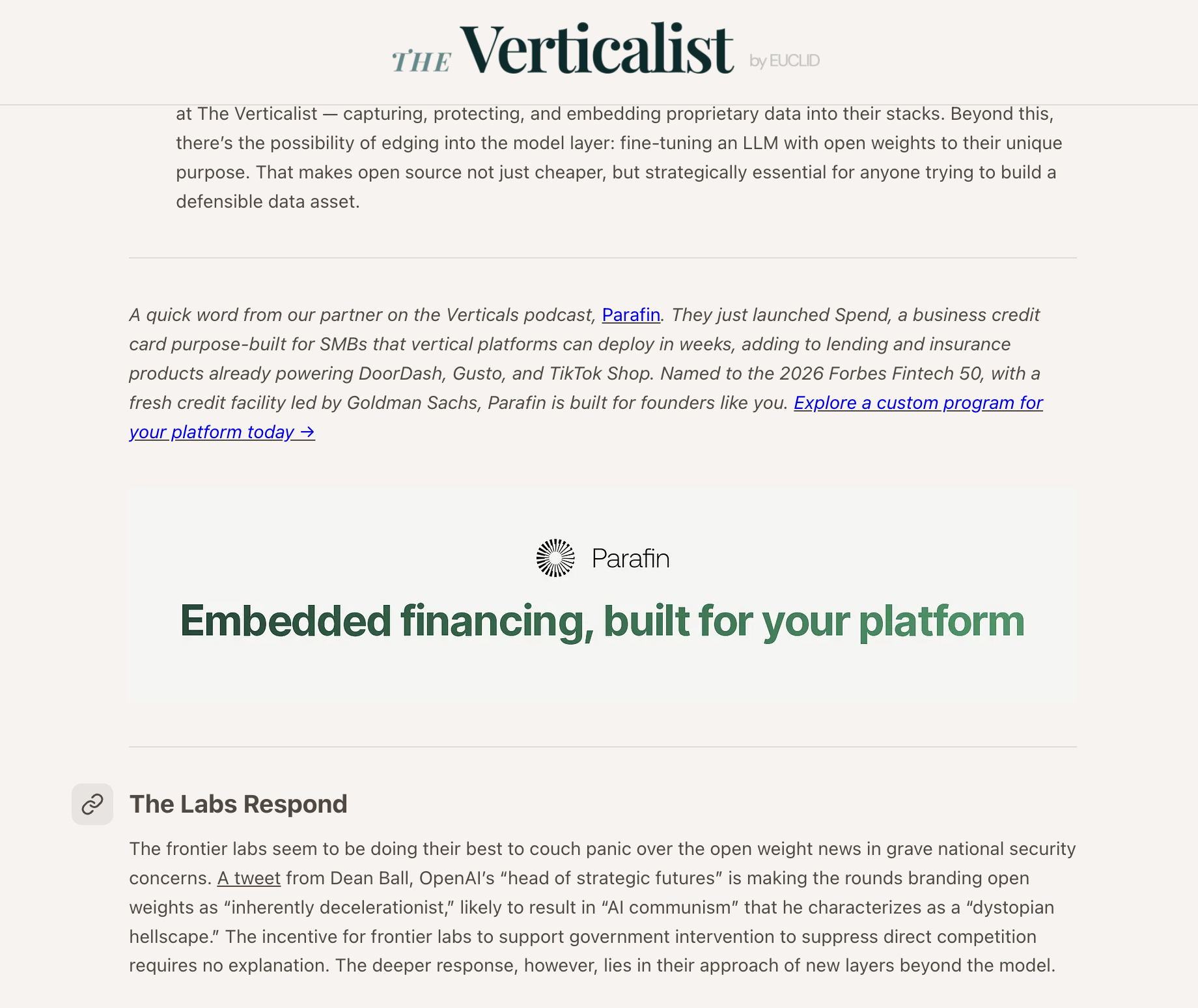 The Verticalist newsletter showing a partner mention and sponsor banner