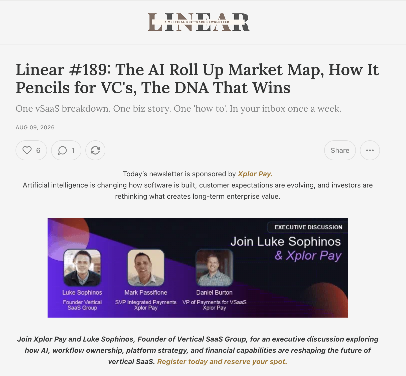 Linear Newsletter issue showing a sponsor banner ad inside the editorial flow